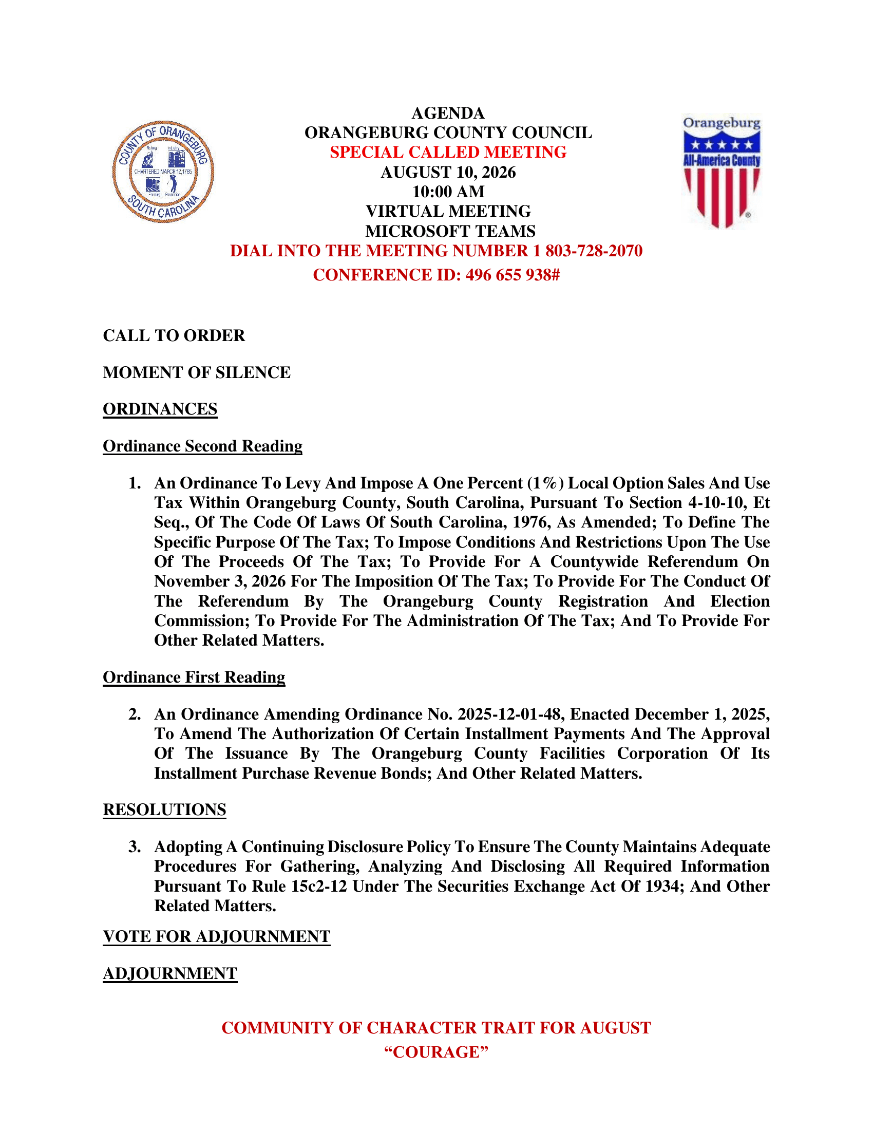 Agenda for Special Called Meeting!